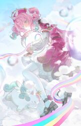 1girl air_bubble aqua_eyes aqua_hair black_shoes bubble capelet closed_mouth cloud dress full_body gradient_hair highres honkai:_star_rail honkai_(series) hyacine_(honkai:_star_rail) little_ica_(honkai:_star_rail) loafers long_sleeves medium_hair multicolored_hair pantyhose pink_capelet pink_dress pink_hair qinglan1044 rainbow shoes smile twintails white_pantyhose
