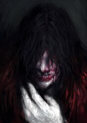 1boy absurdres alucard_(hellsing) black_background black_hair blood blood_from_mouth coat gloves hair_over_eyes hellsing highres long_hair looking_at_viewer male_focus painterly red_coat red_eyes smile solo teeth vampire white_gloves xa8uofivf2mcart