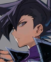 Rule 34 | 1boy, aoki (fumomo), arm up, black hair, black jacket, collared jacket, grey background, grey eyes, highres, jacket, looking to the side, male focus, manjoume jun, popped collar, portrait, profile, purple shirt, shirt, sideburns, sideways glance, simple background, sketch, solo, spiked hair, turtleneck, unfinished, yu-gi-oh!, yu-gi-oh! gx