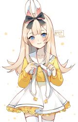 1girl animal_ear_fluff animal_ears black_bow blue_eyes blush bow brown_hair closed_mouth collarbone dated hair_bow highres kobutanori long_hair long_sleeves looking_at_viewer original puffy_long_sleeves puffy_sleeves rabbit_ears shirt short_eyebrows signature simple_background skirt sleeves_past_wrists smile solo thick_eyebrows thighhighs very_long_hair white_background white_bow white_skirt white_thighhighs yellow_shirt