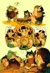 &lt;o&gt;_&lt;o&gt; 1boy 2girls :d :q beard black_hair blush brown_hair campfire cat_girl cooking cutystuffy dungeon_meshi dwarf multiple_expressions facial_hair fake_horns fluff happy happy_tears helmet highres horned_helmet horns inutade izutsumi long_beard long_hair monster_girl motion_lines multiple_girls mustache oni open_mouth senshi_(dungeon_meshi) skin-covered_horns smile sparkling_eyes speech_bubble surprised tail tail_wagging tasting tears thick_mustache thought_bubble tongue tongue_out twintails very_long_beard wok