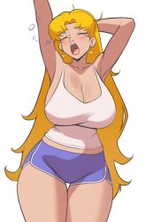 armpits bishoujo_senshi_sailor_moon blonde_hair blush breasts cleavage collarbone double-parted_bangs hair_undone highres jakuson_z large_breasts long_hair midriff_peek shorts tagme thick_thighs thighs tsukino_usagi very_long_hair yawning