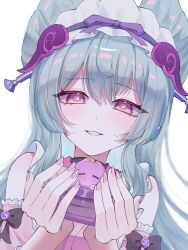 1girl aqua_hair bare_shoulders choker detached_sleeves fingernails frilled_hairband frills genshin_impact hairband highres holding japanese_clothes kimono long_hair oshiruko0625 pink_eyes pink_kimono pink_nails pink_pupils pointy_ears simple_background smile solo symbol-shaped_pupils upper_body white_background yumemizuki_mizuki