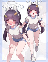 1girl absurdres ahoge animal_ear_hairband animal_ears blue_archive blue_border blue_shorts blunt_bangs blush border bright_pupils commentary_request fake_animal_ears furrowed_brow fuyu_no_usagi grey_halo hair_ornament hairband halo heavy_breathing highres leaf_hair_ornament long_hair low_twintails miyu_(blue_archive) multiple_views open_mouth outline outside_border pink_eyes purple_hair rabbit_ear_hairband rabbit_ears rabbit_platoon_(blue_archive) running shirt shoes short_shorts short_sleeves shorts sneakers sweat twintails white_hairband white_outline white_pupils white_shirt white_shoes zoom_layer