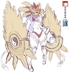 1girl amaterasumon artist_name breasts colored_skin curvy digimon digimon_(creature) full_body grey_hair highres horns large_breasts long_hair mechanical_arms navel no_humans one_trick_dragon red_skin simple_background single_horn solo thong underwear unworn_armor very_long_hair white_background wide_hips yin_yang