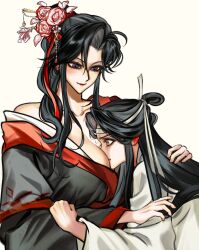 1boy 1girl age_difference aged_down ahoge alternate_hairstyle artist_request between_breasts black_hair black_hanfu black_robe blush breast_smother breasts chinese_clothes chinese_hairpin cleavage commission ear_blush eyelashes face_between_breasts face_to_breasts flower gem genderswap genderswap_(mtf) hair_flower hair_ornament hair_ribbon hair_stick hanfu head_between_breasts headband hetero highres hug jewelry lan_wangji large_breasts long_hair looking_down makeup modao_zushi off_shoulder onee-shota open_clothes open_robe pectorals ponytail purple_eyes red_gemstone red_ribbon ribbon robe second-party_source side_ponytail sidelocks simple_background smile topknot wei_wuxian white_background white_hanfu white_headband white_robe wide_sleeves xiao_guan_(headdress) yellow_eyes