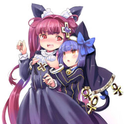 2girls ajitarou_(setsu) alucard_lore ankh bastet_lore blue_hair blue_ribbon blush cat_girl cat_tail emil_chronicle_online grabbing_another&#039;s_breast groping hair_ornament hair_ribbon highres long_hair multiple_girls nun open_mouth purple_hair red_eyes ribbon tail tail_ornament tail_ribbon thighhighs twintails vampire white_background yellow_eyes yuri