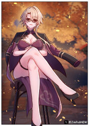 1girl absurdres autumn_leaves black_shoes blonde_hair blurry blurry_background breasts chair china_dress chinese_clothes cleavage cleavage_cutout closed_mouth clothing_cutout commentary crossed_legs dress earrings english_commentary falling_leaves foot_out_of_frame full_body genderswap genderswap_(mtf) high_heels highres honkai:_star_rail honkai_(series) jacket jacket_on_shoulders jewelry jimpu6 large_breasts leaf light_smile lipstick looking_at_viewer makeup on_chair outdoors own_hands_together pumps red_dress red_jacket red_lips shoes short_hair_with_long_locks sitting skott_(honkai:_star_rail) solo sunglasses tree twitter_username