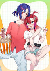 1boy 1girl absurdres amate_yuzuriha aqua_eyes artist_name blue_hair blush borrowed_accessory colored_inner_hair commentary_request controller denim denim_shorts food grid_background gundam gundam_gquuuuuux hair_ornament highres holding holding_remote_control multicolored_hair nail_polish one_side_up open_mouth pants ponytail popcorn purple_hair red_eyes red_hair red_nails remote_control satsuki_(popopomama_52) shirt short_hair shorts shuji_ito sitting smile twitter_username two-tone_hair