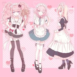 3girls absurdres akamatsu_kaede apron bear_hair_ornament black_shoes black_thighhighs blonde_hair breasts cleavage danganronpa:_trigger_happy_havoc danganronpa_(series) danganronpa_2:_goodbye_despair danganronpa_v3:_killing_harmony dress enoshima_junko flipped_hair frilled_apron frilled_dress frills garter_straps hair_ornament heart high_heels highres juliet_sleeves large_breasts long_hair long_sleeves maid maid_headdress medium_hair multiple_girls nanami_chiaki neck_ribbon official_alternate_costume pink_background pink_eyes pink_ribbon puffy_short_sleeves puffy_sleeves ribbon shoes short_sleeves smile thighhighs twintails wawa_(uwu_0427) white_apron white_thighhighs