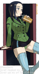 1girl artist_name black_hair black_shirt black_skirt blue_thighhighs blush breasts brown_eyes commentary_request comoli_harcourt cup forehead geso_smith green_jacket green_panties gundam gundam_gquuuuuux holding holding_cup jacket looking_to_the_side medium_breasts mole mole_under_eye open_mouth panties shirt skirt solo thighhighs turtleneck turtleneck_shirt twitter_username underwear watermark