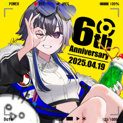 Rule 34 | 1girl, absurdres, anniversary, arisyooon, cropped shirt, crossed bangs, cup, drink, drinking straw, eyewear on head, food, fur-trimmed jacket, fur trim, grin, hair between eyes, highres, holding, holding cup, ice cream, ice cream float, ichinose uruha, ichinose uruha (4th costume), jacket, looking at viewer, lupinus virtual games, midriff peek, multicolored hair, ok sign, ok sign over eye, one eye closed, open clothes, open jacket, purple eyes, shirt, signature, smile, solo, streaked hair, sunglasses, virtual youtuber, vspo!, white shirt, wolf cut, yellow background