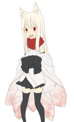 Rule 34 | 1girl, adapted costume, animal ears, black skirt, black thighhighs, cat ears, cat girl, commentary request, feet out of frame, japanese clothes, kimono, long hair, looking at viewer, meiko (nattu303), ninja, ninja (ragnarok online), open mouth, ragnarok online, red eyes, red scarf, scarf, simple background, skirt, smile, solo, thick eyebrows, thighhighs, white background, white hair, white kimono