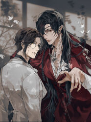 2boys alternate_costume alternate_hair_length alternate_hairstyle bishounen black_hair braid brown_eyes brown_hair bug butterfly butterfly_necklace butterfly_on_hand cape chinese_clothes closed_mouth collarbone earrings eyepatch eyewear_strap formal_clothes glasses hand_up hanfu highres hua_cheng insect jewelry long_hair long_sleeves looking_at_viewer male_focus multiple_boys necklace one_eye_covered parted_lips pointy_ears red_cape red_eyes red_hanfu ronpu_cooing round_eyewear shadow shirt short_hair side_braid silver_necklace single_braid smile suit tianguan_cifu upper_body white_butterfly white_shirt xie_lian yaoi