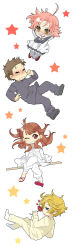 Rule 34 | 00s, 2boys, 2girls, bad id, bad pixiv id, blush, bokken, bousouzoku, chibi, coat, delinquent, falling, flower, gotou yuuko, gotouza, gottouza, highres, hirokawa, kogami akira, long image, lucky star, multiple boys, multiple girls, ono daisuke, red flower, red rose, rose, school uniform, serafuku, shiraishi minoru, simple background, smile, sword, tall image, tokkoufuku, weapon, white background, wooden sword