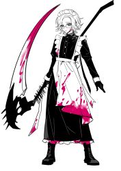 1boy aotsuki_eito apron black_boots black_dress black_gloves blood blood_on_clothes blood_on_face blood_splatter boots crossdressing dress full_body glasses gloves holding holding_scythe holding_weapon limited_palette looking_at_viewer maid maid_apron maid_headdress male_focus open_mouth parted_hair scythe solo solo_focus standing the_hundred_line_-last_defense_academy- weapon white_background