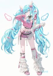 1girl asymmetrical_legwear belt blue_eyes blue_hair bow commentary_request crop_top frilled_socks frills full_body hair_bow hair_ornament hatsune_miku head_tilt highres kneehighs long_sleeves midriff miniskirt nail_polish natsume_koji navel over-kneehighs parted_lips pink_shirt pink_shoes pink_skirt pleated_skirt shirt shoes simple_background single_kneehigh single_over-kneehigh single_sock single_thighhigh skirt socks solo standing thighhighs thighs undershirt vocaloid white_background white_socks wing_hair_ornament