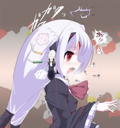 1girl ahegao ahoge android ascot cable covered_erect_nipples dress drooling eargasm female_focus forehead_jewel frilled_dress frills hacking hair_tubes headphones heavy_breathing highres long_hair mind_control mkck red_eyes solo trembling uncommon_stimulation under_night_in-birth vatista_(under_night_in-birth) very_long_hair white_hair