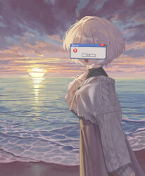 1girl beach black_shirt cardigan censored censored_identity cloud cloudy_sky cowboy_shot cropped_cardigan error_message facing_to_the_side facing_viewer from_side hand_on_own_chest horizon long_skirt long_sleeves novelty_censor ocean open_mouth original outdoors pink_skirt shirt short_hair skirt sky smile solo sun sunset taiji_(taiji_0) waves white_cardigan white_hair