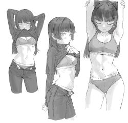Rule 34 | 1girl, animal ears, arms up, cat ears, closed eyes, clothes lift, gokou ruri, greyscale, highres, hime cut, lifting own clothes, light blush, long hair, looking at viewer, monochrome, mouth hold, multiple views, navel, open fly, ore no imouto ga konna ni kawaii wake ga nai, panties, pants, rhinth, shirt lift, simple background, sports bra, stomach, sweater, turtleneck, turtleneck sweater, underwear, white background