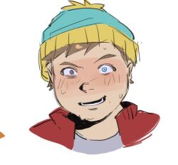 Rule 34 | 1boy, blue eyes, blue hat, blush, brown eyes, brown hair, eric cartman, hat, heterochromia, jacket, kugai697139, male focus, nervous, open clothes, open jacket, open mouth, pom pom (clothes), red jacket, shirt, short hair, smile, solo, south park, sweat, teeth, white shirt