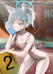 1girl alternate_costume animal_ear_fluff animal_ears b4mbo0 bare_arms bare_shoulders blue_archive blue_eyes blush bottle bra breasts cleavage cross_hair_ornament extra_ears grey_bra grey_hair grey_panties hair_ornament highres holding holding_bottle long_hair navel official_alternate_hairstyle open_mouth panties ponytail shiroko_(blue_archive) sidelocks solo sweatdrop underwear underwear_only water_bottle wolf_ears wolf_girl
