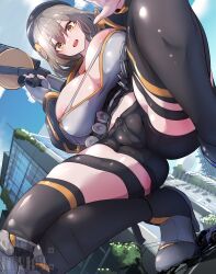 1girl absurdres ahoge anis_(nikke) artist_name beret black_hat black_shoes black_shorts black_thighhighs blue_sky breasts brown_eyes brown_hair building city cloud destruction from_below giant giantess goddess_of_victory:_nikke gun hat highres holding holding_gun holding_weapon large_breasts looking_at_viewer looking_down natsukaze_shigure open_mouth outdoors shoes short_hair short_shorts shorts sky solo squatting thighhighs watermark weapon