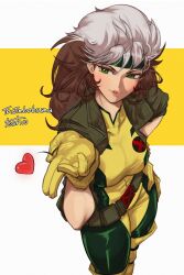 Rule 34 | 1girl, artist name, belt, blowing kiss, bodysuit, boots, breasts, brown hair, commission, commissioner name, gloves, green bodysuit, green eyes, green headband, headband, heart, highres, jacket, large breasts, leather, leather jacket, loose belt, marvel, multicolored bodysuit, multicolored hair, rogue (x-men), smile, superhero costume, toastitos, two-tone bodysuit, two-tone hair, white hair, x-men, yellow bodysuit, yellow boots, yellow gloves