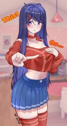 Rule 34 | 1girl, absurdres, blue eyes, blue hair, blue skirt, blush, bow, bow choker, breasts, choker, covering breasts, covering privates, crop top, crop top overhang, cropped shirt, diguo keran wu, english text, feet out of frame, fingernails, hair ornament, hairclip, highres, kind mita (miside), long hair, long sleeves, looking at viewer, medium breasts, meme, midriff, miniskirt, miside, mita (miside), mixed-language commentary, navel, one finger selfie challenge (meme), open mouth, pleated skirt, red bow, red choker, red shirt, red thighhighs, shirt, skirt, solo, standing, thighhighs, thighs