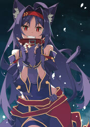Rule 34 | 1girl, alternate species, animal ear fluff, animal ears, armor, bare shoulders, belt, breastplate, cat ears, cat girl, cat tail, choker, covered navel, dot nose, fingerless gloves, gloves, hairband, highres, holding, long hair, long sleeves, looking at viewer, purple armor, purple gloves, purple hair, red belt, red choker, red eyes, red hairband, shikei, smile, solo, sword art online, tail, teeth, very long hair, white background, yuuki (sao)