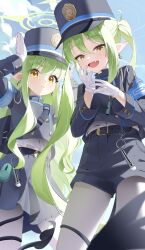 2girls absurdres armband belt black_belt black_hat black_jacket black_shorts black_skirt blue_archive blue_armband blush commentary demon_tail earrings fang gloves green_hair green_halo halo hands_up hat highres hikari_(blue_archive) jacket jewelry looking_at_viewer miniskirt multiple_girls nozomi_(blue_archive) open_mouth pantyhose peaked_cap pleated_skirt pointy_ears september0405 short_shorts shorts siblings sidelocks sisters skirt smile tail tail_around_own_leg twins twintails white_gloves white_pantyhose yellow_eyes