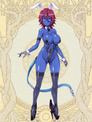 Rule 34 | 1girl, aiz gunafari, animal ears, bare shoulders, black shoes, black thighhighs, blue eyes, blue nails, blue skin, breasts, cocytus (wind master), colored skin, dairoku ryouhei, detached collar, fake animal ears, full body, gluteal fold, hair between eyes, high heels, highres, large breasts, looking at viewer, multicolored hair, navel, purple hair, red hair, shiny skin, shoes, skindentation, solo, standing, streaked hair, tail, thighhighs, wrist cuffs, yellow background