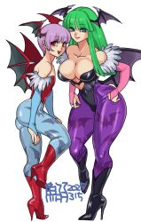 2girls animal_print bare_shoulders bat_print black_boots black_leotard blue_pantyhose boots breasts cleavage darkstalkers flat_chest full_body green_eyes green_hair head_wings high_heel_boots high_heels large_breasts leotard lilith_(darkstalkers) long_hair low_wings morrigan_aensland multiple_girls multiple_wings pantyhose patent_boots patent_heels print_pantyhose purple_hair purple_pantyhose red_boots red_eyes red_leotard short_hair stiletto_boots stiletto_heels tokisige wings