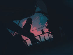 Rule 34 | 1girl, cat, dark, ele artworks, highres, minimalism, on railing, original, pink sky, railing, scenery, short hair, silhouette, sitting, sky, solo, tree