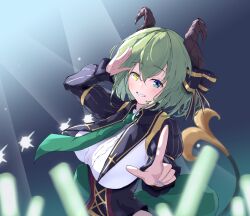 Rule 34 | 1girl, a kei, absurdres, black bow, black corset, blue eyes, blush, bow, breasts, brown horns, commentary request, corset, curled horns, demon girl, demon horns, demon tail, glowstick, green hair, green necktie, grin, hair between eyes, heterochromia, highres, horn bow, horn ornament, horns, index finger raised, large breasts, long sleeves, looking at viewer, nanashi inc., necktie, penlight (glowstick), salute, sekishiro mico, shirt, short hair, shrug (clothing), smile, solo, tail, upper body, virtual youtuber, white shirt, yellow eyes