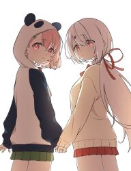 2girls animal_hood black_sleeves bow bowtie cardigan cowboy_shot green_skirt hair_ornament hair_ribbon hairclip highres holding_hands hood hoodie light_smile long_hair low_ponytail miniskirt multiple_girls nijisanji panda_hood pink_eyes pink_hair pleated_skirt po_(po_495) ponytail red_bow red_bowtie red_skirt ribbon sasaki_saku sasaki_saku_(1st_costume) school_uniform shiina_yuika shiina_yuika_(1st_costume) short_hair simple_background skirt sleeves_past_wrists virtual_youtuber white_background white_hair white_hoodie yellow_cardigan