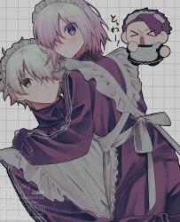 &gt;_&lt; 1girl 2boys apron bow chibi closed_eyes closed_mouth fate/grand_order fate_(series) galahad_(fate) green_eyes grid_background hair_over_one_eye high_collar highres jacket lancelot_(fate/grand_order) leaning_on_person light_blush long_sleeves looking_at_viewer maid_headdress mash_kyrielight multiple_boys nlsenmon pants purple_eyes purple_hair purple_jacket purple_pants short_hair white_apron white_hair zipper