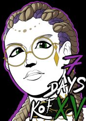 1girl bodypaint braid braided_ponytail collar dolores_(kof) earrings female_focus glasses gold green_eyes highres jewelry kitsuakajin long_hair looking_at_viewer multicolored_hair purple_hair round_eyewear the_king_of_fighters thick_lips two-tone_hair white_hair