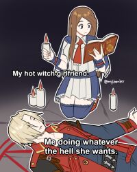 1boy 1girl artist_name ascot belt blonde_hair blue_capelet blue_eyes blue_shirt blue_thighhighs book brown_hair candle capelet casting_spell castlevania:_portrait_of_ruin castlevania_(series) charlotte_aulin coat hair_over_one_eye holding holding_book holding_candle jonathan_morris knife long_hair looking_at_object lying maji_(majibomber) meme my_hot_witch_wife_(meme) open_book pentagram reading red_ascot red_coat ritual shirt signature skirt spell thighhighs throwing_knife twitter_username weapon white_shirt