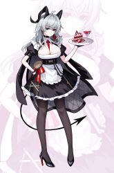 1girl absurdres alternate_costume apron between_breasts black_choker black_dress black_gloves black_horns black_jacket black_pantyhose black_shoes black_tail breasts cake cake_slice choker cleavage closed_mouth commentary curled_horns demon_tail dress earrings enmaided food fruit full_body gloves hair_between_eyes hand_on_own_hip high_heels highres holding holding_plate horns jacket jacket_on_shoulders jewelry key_earrings kyundoo large_breasts looking_at_viewer maid mole mole_on_breast multicolored_hair necktie necktie_between_breasts pantyhose plate red_eyes red_necktie shoes solo standing strawberry streaked_hair tail wuthering_waves zani_(wuthering_waves) zoom_layer
