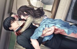 1boy 1girl after_vaginal ass black_hair bleeding blood blood_from_mouth blood_on_clothes breasts censored clothes_lift cum cum_in_pussy cumdrip defloration dress dress_lift erection game_cg guro hetero highres indoors injury kaguyuzu long_hair looking_at_another mirror mosaic_censoring nie_no_hakoniwa non-web_source open_mouth penis pulling_tongue rape reflection rikugou_sanae sadism severed_tongue sex small_breasts smile standing standing_sex tongue tongue_out yasaka_kurou