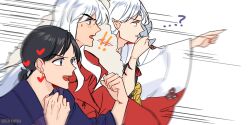 ! !! ...? 3boys black_hair blue_flower blue_rose brothers clenched_hands crescent crescent_facial_mark derivative_work facial_mark fingernails flower highres inuyasha inuyasha_(character) japanese_clothes light_blush long_hair low_ponytail male_focus miroku_(inuyasha) multiple_boys open_mouth parted_lips pointing pointy_ears ponytail red_shirt rose sesshoumaru sharp_fingernails shirt short_hair shoulder_spikes siblings sidelocks smile spikes sweatdrop tiroma twitter_username upper_body white_background white_hair wide_sleeves