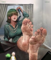 Rule 34 | 1girl, bald, barefoot, breasts, bubmoni, computer, desk, dress, feet, foot focus, foreshortening, fubuki (one-punch man), green dress, green eyes, green hair, highres, jewelry, large breasts, looking at viewer, necklace, one-punch man, pearl necklace, saitama (one-punch man), short hair, sitting, soles, tatsumaki, toes