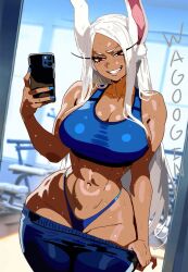 abs animal_ears boku_no_hero_academia breasts clothes_pull english_text highres large_breasts mirko mirror_selfie non-web_source pulling_own_clothes rabbit_ears red_eyes selfie shiny_skin smile sports_bra sweat thick_thighs thighs thong wagoogin watermark white_hair
