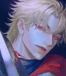 1boy absurdres black_background bleeding blood curly_hair curtained_hair dio_brando eyelashes fang head_tilt highres injury jojo_no_kimyou_na_bouken looking_at_object male_focus messy_hair oyatsu_(205415) painterly parted_bangs phantom_blood portrait red_eyes solo sword sword_to_throat weapon