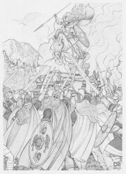 Rule 34 | 1girl, 6+boys, armor, brunhilda (mythology), cape, chainmail, christian sloan hall, cremation, death, fire, funeral, helmet, highres, holding, holding shield, holding sword, holding weapon, horse, horseback riding, multiple boys, norse mythology, riding, saddle, shield, siegfried (nibelungenlied), sword, valkyrie, viking, weapon