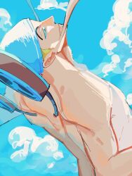 Rule 34 | 1boy, back, blonde hair, blue sky, commentary request, drum, enel, from above, hat, instrument, long earlobes, male focus, mecuru mecu, one piece, parted lips, sideburns, sky, solo, topless male