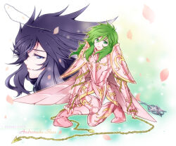 2boys andromeda_shun armor armored_boots armored_dress bishounen black_hair blue_eyes boots chain chain_around_arm crying crying_with_eyes_open dark_persona dress dual_persona eyelashes from_side frown full_body furrowed_brow gauntlets gold_chain gold_trim green_eyes green_hair hades_(saint_seiya) half-closed_eyes head_only jewelry kazayuu_(yuuri) light_smile long_hair looking_at_viewer male_focus metal_wings multiple_boys necklace pauldrons pink_armor pink_petals pink_wings possessed profile saint_seiya shoulder_armor sideways_glance squatting star_(symbol) tears thigh_boots trap wings