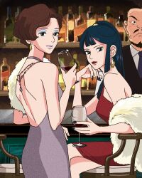 1boy 2girls backless_dress backless_outfit bald bartender black_nails blue_eyeshadow blue_hair blush brown_hair commentary_request cup dress earrings eboshi eyeshadow facial_hair gina_(kurenai_no_buta) goatee gonza_(mononoke_hime) highres holding holding_cup jewelry kurenai_no_buta looking_back makeup mononoke_hime multiple_girls mustache ponytail purple_dress red_dress red_lips rikaco1988 short_hair sitting studio_ghibli