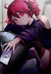 1girl :t akebisousaku arm_rest black_shirt black_sleeves black_thighhighs cellphone closed_mouth commentary_request detached_sleeves drill_hair fingernails hair_between_eyes head_rest highres holding holding_phone igaku_(utau) kasane_teto kasane_teto_(utau) looking_at_viewer phone pout red_eyes red_hair red_nails red_tattoo shirt shoulder_tattoo sleeveless sleeveless_shirt smartphone solo tattoo thighhighs twin_drills utau